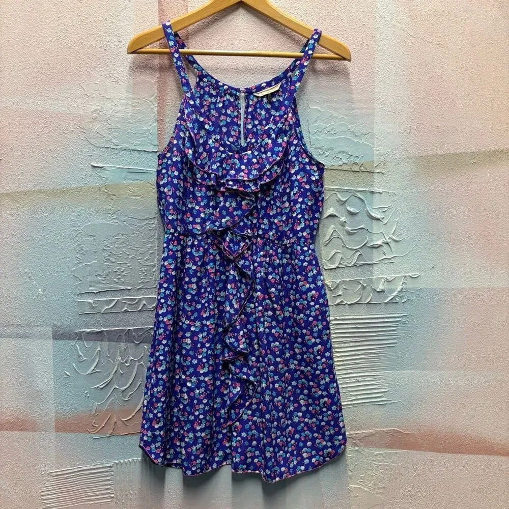 Rebecca Taylor 8 Blue Pink Floral Silk Spaghetti Strap Dress Preppy Luxury Artsy